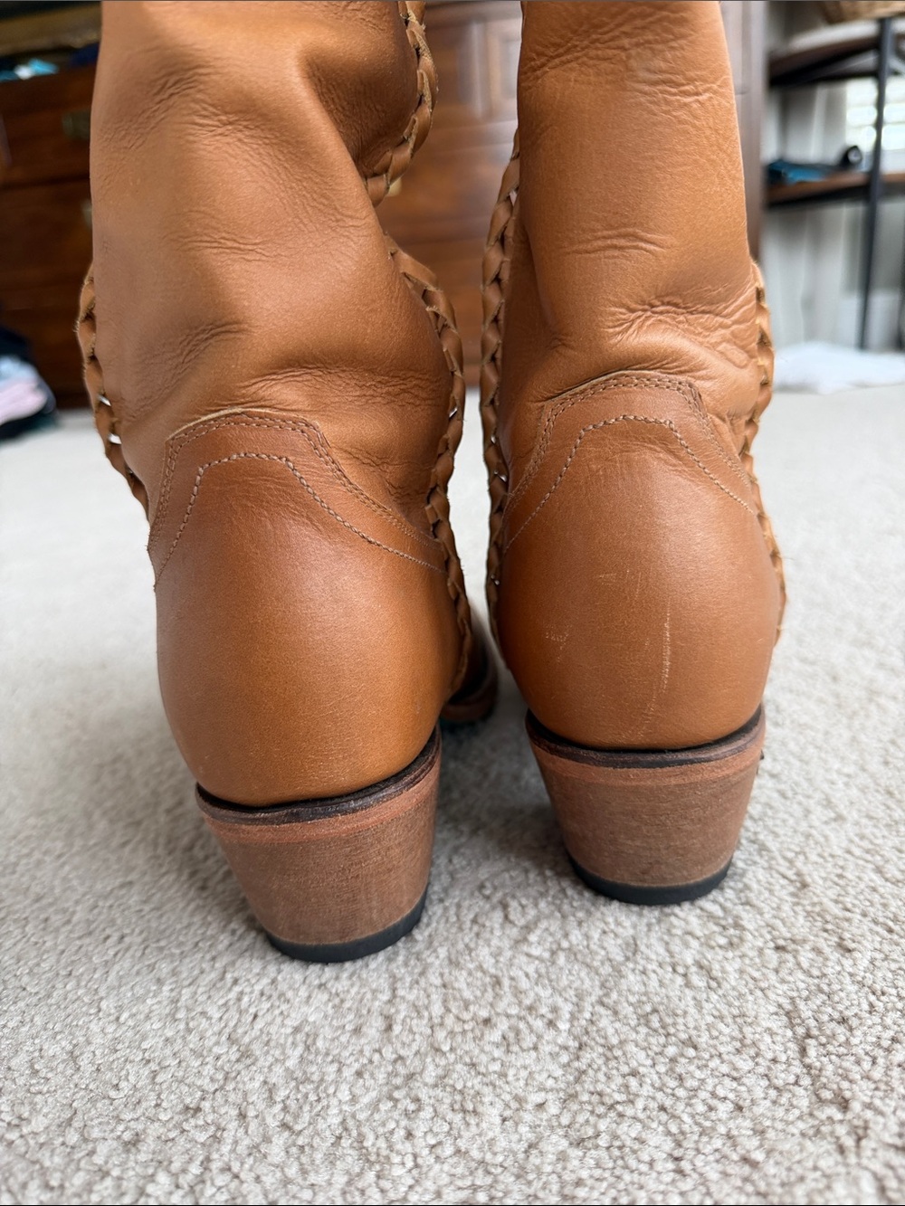 Women's to the knee Braided-Trim Leather Boots in Tan - Picture 3 of 7